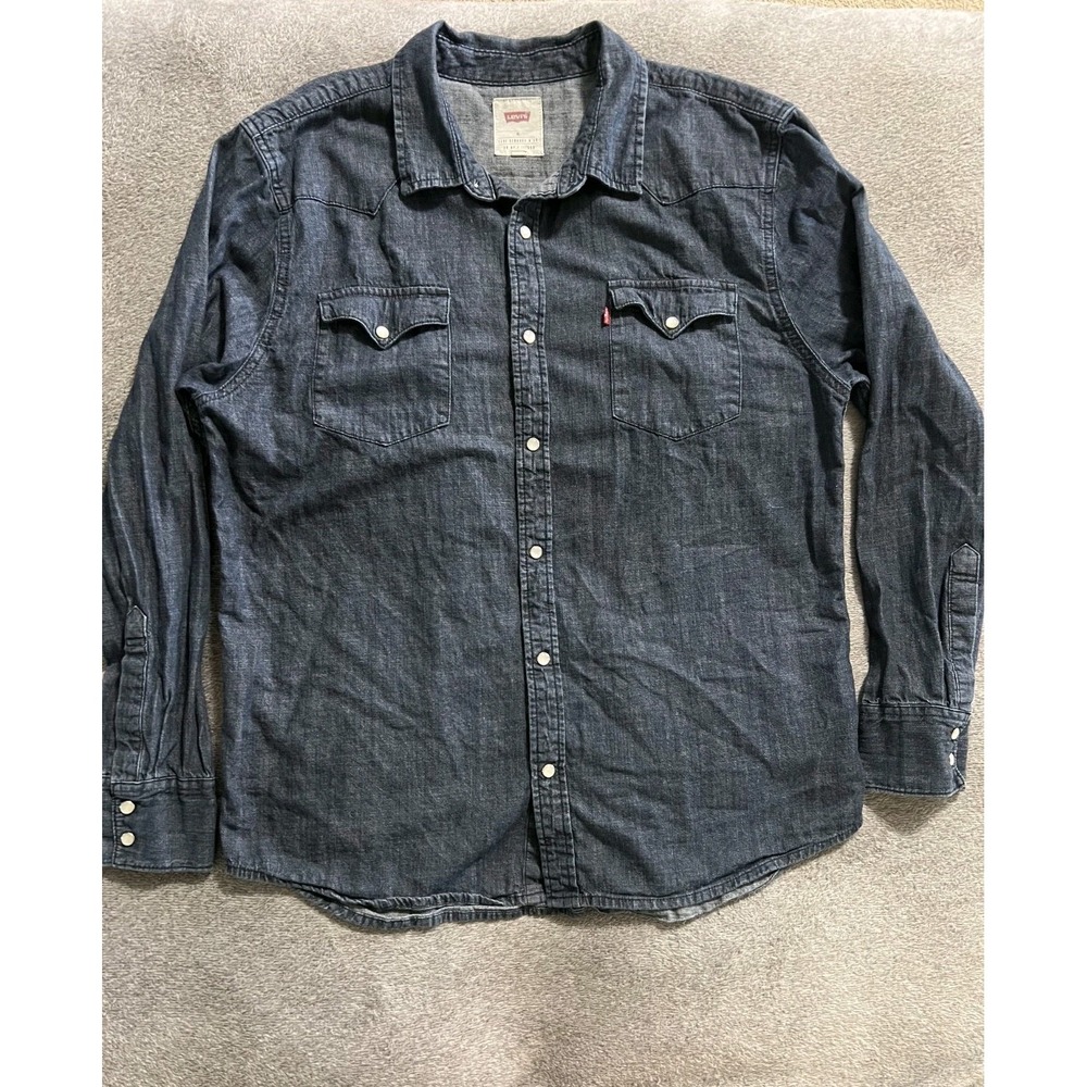 Levi's Mens Western Pearl Snap Barstow Denim Shirt XL DarkWash Long Sleeve Rodeo